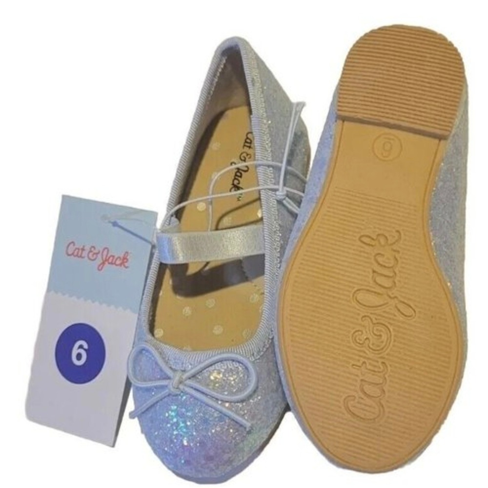 Cat & Jack Toddler Girls Silver Lily Glitter Ballet Flats Bow Strap Shoes Size 6 - Picture 5 of 6